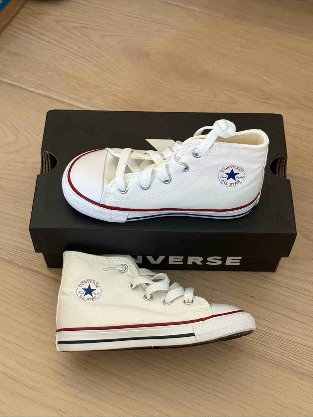 Converse Kids White High Top Sneakers with Red Trim